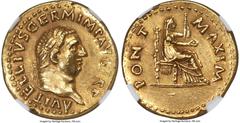 Ancients Roman Imperial Vitellius (16 April-22 December AD 69). AV aureus (20mm, 7.29 gm, 6h). NGC AU 5/5 - 2/5, scratches. Rome. A VITELLIVS GERM IMP AVG TR P, laureate head of Vitellius right / PONT