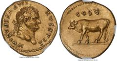 Ancients Roman Imperial Titus, as Caesar (AD 79-81). AV aureus (19mm, 7.21 gm, 8h). NGC AU 5/5 - 3/5, Fine Style. Rome, AD 76. T CAESAR-IMP VESPASIAN, laureate head of Titus right / COS V, heifer stan