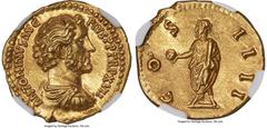 Ancients Roman Imperial Antoninus Pius, as Augustus (AD 138-161). AV aureus (20mm, 7.25 gm, 7h). NGC Choice MS 5/5 - 5/5 Fine Style. Rome, AD 152-153. ANTONINVS AVG-PIVS P P TR P XVII, bare-headed, dr