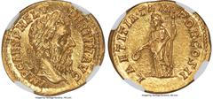 Ancients Roman Imperial Pertinax (1 January-28 March AD 193). AV aureus (20mm, 7.20 gm, 7h). NGC Choice MS 5/5 - 5/5. Rome. IMP CAES P HELV-PERTIN•AVG, laureate head of Pertinax right / LAETITIA•TEM-P