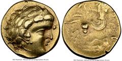 Ancients Celtic NORTHERN GAUL. Aulerci Cenomani. Ca. 150-50 BC. AV stater (20mm, 7.71 gm, 7h). NGC Choice VF 3/5 - 4/5. Celticized head of Apollo right, crescent-shaped locks towards the face, and fla