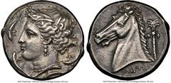 Ancients Greek SICULO-PUNIC. Sicily. Entella. Ca. 320-300 BC. AR tetradrachm (25mm, 17.22 gm, 6h). NGC AU 5/5 - 3/5, Fine Style, light marks. Head of Arethusa left, wreathed with reeds, wearing pearl 