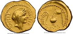 Ancients Roman Republic Julius Caesar, as Consul for the Third Time (46 BC), with Aulus Hirtius, as Praetor. AV aureus (19mm, 8.07 gm, 7h). NGC Choice VF 4/5 - 2/5, ex-jewelry. Rome. C•CAESAR-COS•TER,
