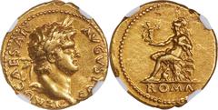 Ancients Roman Imperial Nero, as Augustus (AD 54-68). AV aureus (19mm, 7.28 gm, 5h). NGC XF 4/5 - 3/5. Rome, AD 64-68. NERO CAESAR-AVGVSTVS, laureate head of Nero right / ROMA, Roma seated left on cui