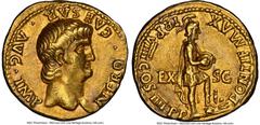 Ancients Roman Imperial Nero, as Augustus (AD 54-68). AV aureus (18mm, 7.69 gm, 5h). NGC XF 5/5 - 4/5, edge marks. Roma and Lugdunum, AD 62-63. NERO•CAESAR•AVG•IMP, bareheaded bust of Nero right / PON