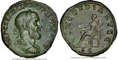 Ancients Roman Imperial Pupienus (April-July AD 238). AE sestertius (29mm, 20.49 gm, 1h). NGC XF 5/5 - 2/5, Fine Style, smoothing. Rome. IMP CAES M CLOD PVPIENVS AVG, laureate, draped, and cuirassed b
