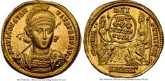 Ancients Roman Imperial Constantius II, as Augustus (AD 337-361). AV solidus (21mm, 4.53 gm, 5h). NGC Choice AU 5/5 - 4/5. Antioch, 3rd officina, AD 355-361. FL IVL CONSTAN-TIVS PERP AVG, pearl-diadem