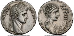 Ancients Roman Provincial SYRIA. Antioch. Nero (AD 54-68), with Agrippina Junior. AR tetradrachm (25mm, 14.74 gm, 11h). NGC Choice XF 4/5 - 3/5, die shift. Dated Caesarean Era Year 105 and Regnal Year