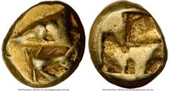 Ancients Greek MYSIA. Cyzicus. Ca. 600-500 BC. EL 1/12 stater or hemihecte (8mm, 1.34 gm). NGC VF 5/5 - 4/5. Head of tunny left above tunny tail / Incuse square punch with irregular interior surfaces.