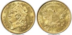 Early Half Eagles 1833 $5 Small Date, BD-2, R.6 MS65+ PCGS. Bass-Dannreuther Die State a/e, the only recorded state for the variety. The 1833 Capped Head Left half eagle is a landmark rarity in the se