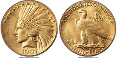 Indian Eagles 1907 $10 Wire Rim MS65 PCGS. When Augustus Saint-Gaudens had an artistic idea that worked, he would often slightly modify and reuse it on other commissions. On the ten dollar gold piece,