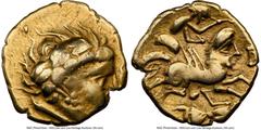 Ancients Celtic NORTHWESTERN GAUL. Aulerci Cenomani. Ca. 150-50 BC. AV stater (20mm, 7.43 gm, 12h). NGC Choice Fine 3/5 - 3/5, brushed. Celticized head of Apollo right, crescent-shaped locks towards t