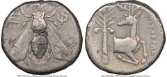 Ancients Greek IONIA. Ephesus. Ca. 4th century BC. AR tetradrachm (23mm, 1h). NGC Fine. Ecatocles, magistrate. E-Φ, bee with straight wings seen from above / EKATOKΛHΣ, forepart of stag kneeling right