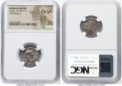 Ancients Roman Imperial Trajan (AD 98-117). AR denarius (18mm, 7h). NGC Choice VF. Rome, ca. AD 103-111. IMP TRAIANO AVG GER DAC P M TR P, laureate bust of Trajan right, with slight drapery visible on