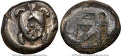 Ancients Greek SARONIC ISLANDS. Aegina. Ca. 525-475 BC. AR stater (18mm, 12.37 gm). NGC Choice Fine 5/5 - 2/5, countermarks. Sea turtle, viewed from above, with thin collar and row of six dots down ce