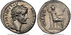 Ancients Roman Imperial Tiberius (AD 14-37). AR denarius (19mm, 3.78 gm, 7h). NGC Choice XF 4/5 - 2/5, light marks. Lugdunum, ca. AD 15-18. TI CAESAR DIVI-AVG F AVGVSTVS, laureate head of Tiberius rig