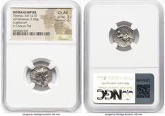 Ancients Roman Imperial Tiberius (AD 14-37). AR denarius (16mm, 3.65 gm, 5h). NGC Choice AU 3/5 - 2/5. Lugdunum, ca. AD 15-18. TI CAESAR DIVI-AVG F AVGVSTVS, laureate head of Tiberius right / PONTIF-M