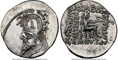 Ancients Greek PARTHIAN KINGDOM. Sinatruces (ca. 93-69 BC). AR drachm (19mm, 4.10 gm, 11h). NGC MS 5/5 - 4/5, brushed. Rhagae. Diademed bust of Sinatruces left, wearing tiara ornamented with horn and 