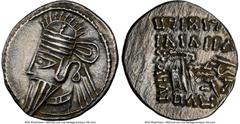 Ancients Greek PARTHIAN KINGDOM. Osroes II (ca. AD 190-208). AR drachm (19mm, 12h). NGC Choice XF. Ecbatana. Diademed, draped bust of Osroes II left, with long pointed beard, wearing tiara, four penda