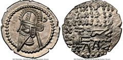 Ancients Greek PARTHIAN KINGDOM. Vologases VI (AD 207-222). AR drachm (21mm, 3.81 gm, 12h). NGC Choice AU 5/5 - 4/5. Ecbatana. Diademed bust of Vologases VI left, wearing pointed beard and domed tiara