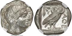 Ancients Greek ATTICA. Athens. Ca. 440-404 BC. AR tetradrachm (24mm, 17.21 gm, 9h). NGC Choice MS 5/5 - 5/5. Mid-mass coinage issue. Head of Athena right, wearing earring, necklace, and crested Attic 