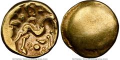 Ancients Celtic EASTERN GAUL. Ambiani. Ca. 59-50 BC. AV stater (16mm, 5.80 gm). NGC Choice Fine 4/5 - 4/5. Sills Class 3b, Gallic War issue, ca. 56-55 BC. Blank convex surface / M-shaped disjointed ho