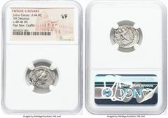 Ancients Roman Republic Julius Caesar, as Dictator (49-44 BC). AR denarius (19mm, 5h). NGC VF, flan flaw, graffiti. Military mint traveling with Caesar in North Africa, ca. 48-46 BC. Head of Venus rig