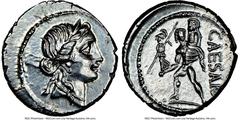 Ancients Roman Republic Julius Caesar, as Dictator (49-44 BC). AR denarius (18mm, 3.92 gm, 7h). NGC Choice AU 5/5 - 4/5. Military mint traveling with Caesar in North Africa, ca. 48-46 BC. Head of Venu