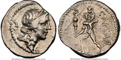 Ancients Roman Republic Julius Caesar, as Dictator (49-44 BC). AR denarius (18mm, 3.93 gm, 3h). NGC Choice VF 4/5 - 5/5. Military mint traveling with Caesar in North Africa, ca. 48-46 BC. Head of Venu