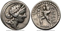 Ancients Roman Republic Julius Caesar, as Dictator (49-44 BC). AR denarius (18mm, 3.63 gm, 7h). NGC Choice Fine 5/5 - 4/5, brushed. Military mint traveling with Caesar in North Africa, ca. 48-46 BC. H