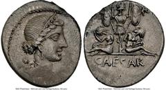 Ancients Roman Republic Julius Caesar, as Dictator (49-44 BC). AR denarius (19mm, 3.62 gm, 11h). NGC AU 4/5 - 3/5. Military mint traveling with Caesar in Spain, ca. late 46-early 45 BC. Bust of Venus 