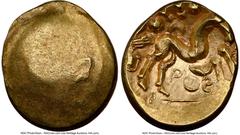 Ancients Celtic EASTERN GAUL. Ambiani. Ca. 59-50 BC. AV stater (17mm, 5.87 gm). NGC AU 4/5 - 4/5. Sills Class 3b, Gallic War issue, ca. 56-55 BC. Blank convex surface / M-shaped disjointed horse right
