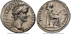 Ancients Roman Imperial Tiberius (AD 14-37). AR denarius (19mm, 3.81 gm, 1h). NGC XF 4/5 - 3/5, brushed. Lugdunum, ca. AD 15-18. TI CAESAR DIVI-AVG F AVGVSTVS, laureate head of Tiberius right / PONTIF