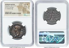Ancients Roman Imperial Claudius I (AD 41-54). AE as (29mm, 10.22 gm, 7h). NGC Choice VF 5/5 - 2/5. Rome, ca. AD 50-54. TI CLAVDIVS CAESAR AVG P M TR P IMP P P, bare head of Claudius left / LIBERTAS-A