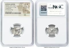 Ancients Roman Imperial Tiberius (AD 14-37). AR denarius (18mm, 3.74 gm, 3h). NGC Choice XF 4/5 - 3/5, brushed. Lugdunum, ca. AD 14-17. TI CAESAR DIVI-AVG F AVGVSTVS, laureate head of Tiberius right /