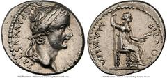 Ancients Roman Imperial Tiberius (AD 14-37). AR denarius (18mm, 3.83 gm, 7h). NGC Choice VF 4/5 - 3/5, brushed. Lugdunum, ca. AD 14-17. TI CAESAR DIVI-AVG F AVGVSTVS, laureate head of Tiberius right /