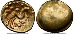 Ancients Celtic EASTERN GAUL. Ambiani. Ca. 59-50 BC. AV stater (18mm, 5.78 gm). NGC VF 4/5 - 4/5. Sills Class 3b, Gallic War issue, ca. 56-55 BC. Blank convex surface / M-shaped disjointed horse right