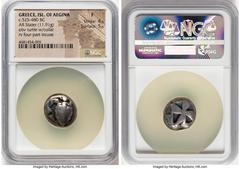 Ancients Greek SARONIC ISLANDS. Aegina. Ca. 525-475 BC. AR stater (18mm, 11.91 gm). NGC Fine 4/5 - 5/5. Sea turtle, viewed from above, with thin collar and row of five dots down center of shell / Mill
