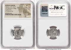 Ancients Roman Imperial Tiberius (AD 14-37). AR denarius (17mm, 3.80 gm, 12h). NGC VF 2/5 - 3/5, brushed. Lugdunum, ca. AD 15-18. TI CAESAR DIVI-AVG F AVGVSTVS, laureate head of Tiberius right / PONTI