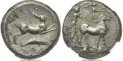 Ancients Greek SICILY. Messana. Ca. 425-413 BC. AR tetradrachm (24mm, 17.29 gm, 7h). NGC MS 4/5 - 4/5. Nymph Messana driving biga of mules walking right; Nike walking right on reigns to crown mules wi