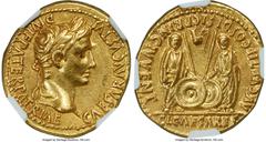 Ancients Roman Imperial Augustus (27 BC-AD 14). AV aureus (20mm, 7.70 gm, 11h). NGC AU S 5/5 - 5/5. Lugdunum, 2 BC-AD 4. CAESAR AVGVSTVS-DIVI F PATER PATRIAE, laureate head of Augustus right / AVGVSTI