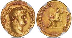 Ancients Roman Imperial Nero, as Augustus (AD 54-68). AV aureus (19mm, 7.34 gm, 5h). NGC Choice VF 4/5 - 4/5, "Boscoreale" Tone. Rome, ca. AD 64-65. NERO CAESAR-AVGVSTVS, laureate head of Nero right /