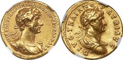 Ancients Roman Imperial Hadrian (AD 117-138). AV aureus (19mm, 7.15 gm, 7h). NGC AU S 5/5 - 4/5, Fine Style. Rome, August-December AD 117. IMP CAES TRAIAN HADRIANO OPT AVG G D PART, laureate, cuirasse