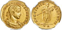 Ancients Roman Imperial Constantius II, as Augustus (AD 337-361). AV medallion of 1-1/2 solidi (23mm, 6.43 gm, 6h). NGC XF 5/5 - 1/5, plugged. Trier, AD 326-327. FL IVL CONSTANTIVS NOB CAES, laureate,