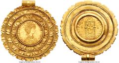 Ancients Migration Period ANTIQUITIES. Visigoths. In the name of Galla Placidia (AD 421-450). AV solidus (22mm, 6h) in contemporary gold frame. Choice AU. "Ravenna", ca. AD 425. D N GALLA PLA-CIDIA P 