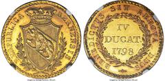 Switzerland Bern Bern. City gold 4 Ducat 1798 MS61 NGC, KM155.2, Fr-177, HMZ-2-209l, Divo-473b. 13.78gm. Savvy collectors know that the fabulous array of Bernese gold ducats might be one of the most i