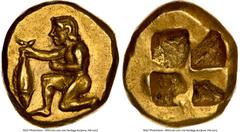 Ancients Greek MYSIA. Cyzicus. Ca. 550-450 BC. EL 1/12 stater or hemihecte (9mm, 1.35 gm). NGC Choice AU S 5/5 - 4/5. Nude youth kneeling left, holding tunny fish by the tail in right hand, left arm r