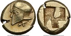 Ancients Greek IONIA. Phocaea. Ca. 521-478 BC. EL sixth stater or hecte (10mm, 2.62 gm). NGC AU 4/5 - 3/5, brushed. Head of warrior left in crested Corinthian helmet decorated with spiral patterns on 
