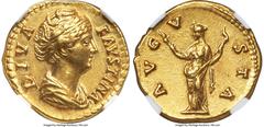 Ancients Roman Imperial Diva Faustina Senior (AD 138-140/1). AV aureus (19mm, 7.25 gm, 6h). NGC AU 5/5 - 4/5. Rome, AD 147-161. DIVA-FAVSTINA, draped bust of Diva Faustina I right, seen from front, ha