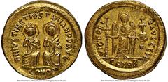 Ancients Byzantine Justin I with Justinian I (4 April-1 August AD 527). AV solidus (21mm, 4.49 gm, 7h). NGC Choice AU 4/5 - 4/5. Constantinople, 8th officina. D N IVSTIN ЄT IVSTINIAN PP AVG, Justin I 